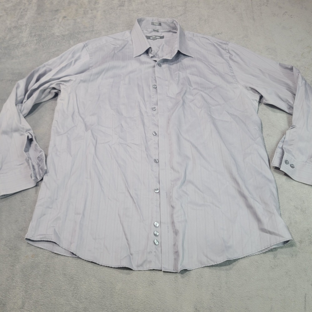 Kenneth Cole Reaction Dress Shirt Mens L Grey Striped Wrinkle Free Regular Fit